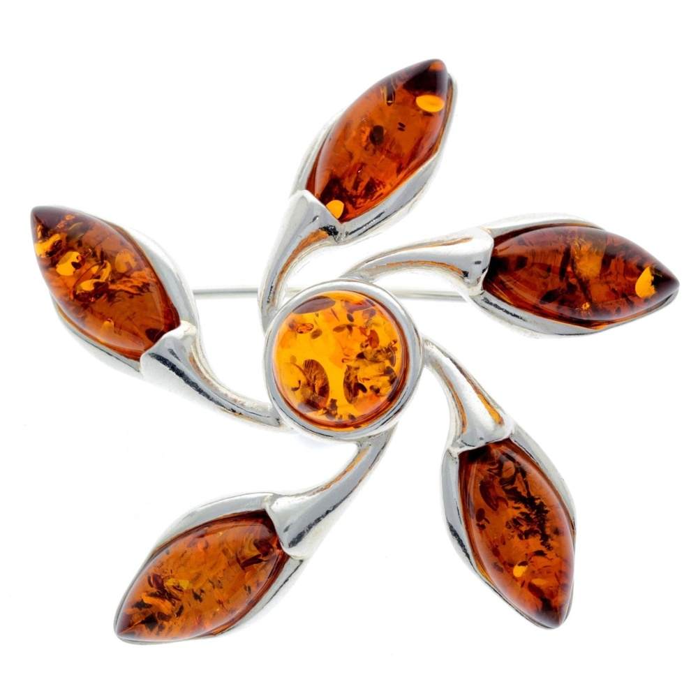 925 Sterling Silver & Genuine Baltic Amber Star Brooch - GL809
