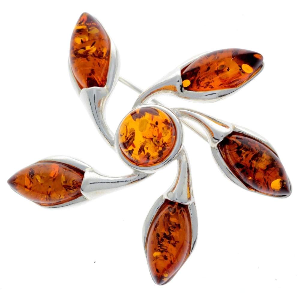 925 Sterling Silver & Genuine Baltic Amber Star Brooch - GL809
