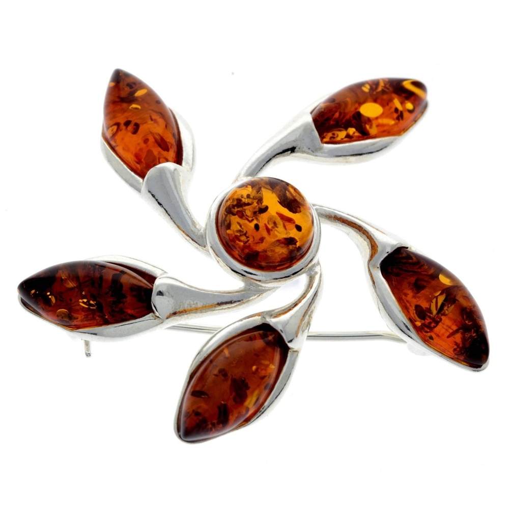 925 Sterling Silver & Genuine Baltic Amber Star Brooch - GL809