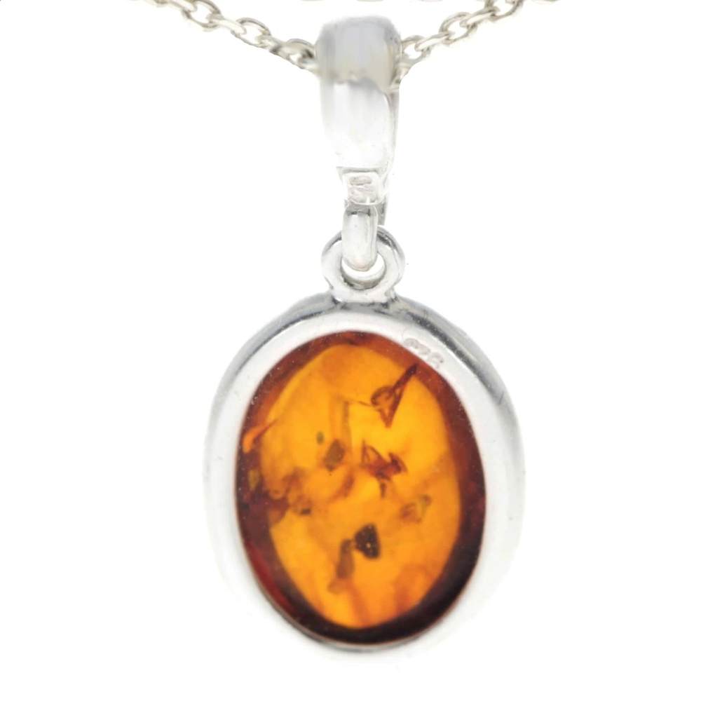 925 Sterling Silver & Genuine Baltic Amber Classic Oval Pendant - AX203