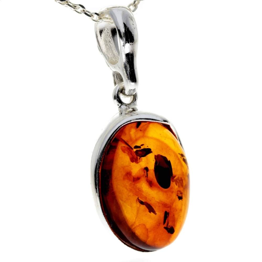 925 Sterling Silver & Genuine Baltic Amber Classic Oval Pendant - AX203