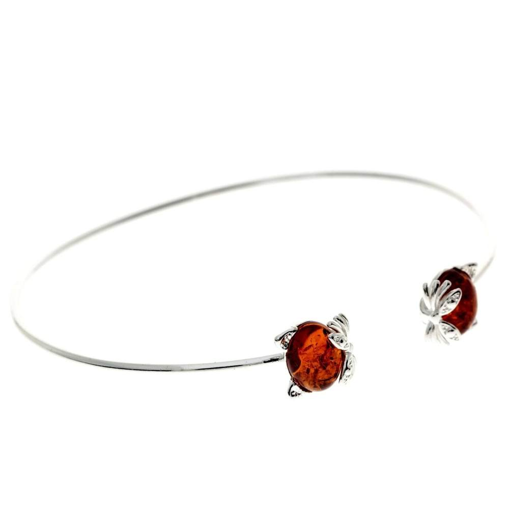 925 Sterling Silver & Genuine Baltic Amber Cat Solid Bangle - GL556