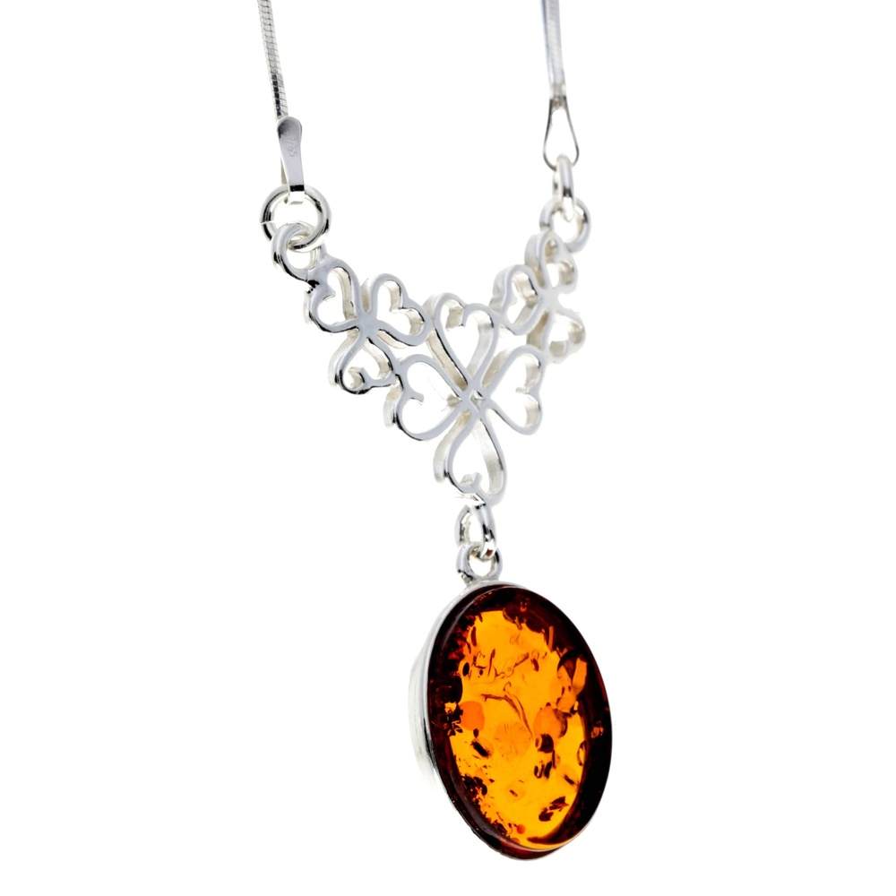 925 Sterling Silver & Genuine Baltic Amber Classic Necklace on Snake Chain - M929