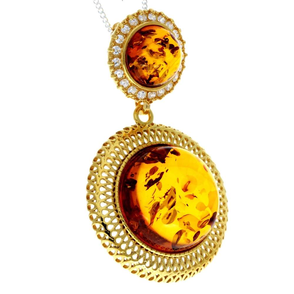 925 Sterling Silver 22 Carat Gold Plated with Genuine Baltic Amber Modern Pendant - MG200