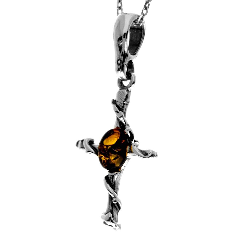 925 Sterling Silver & Genuine Baltic Amber Classic Cross Pendant - 653