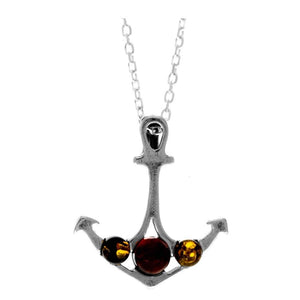 925 Sterling Silver & Genuine Baltic Amber Classic Anchor Pendant -669
