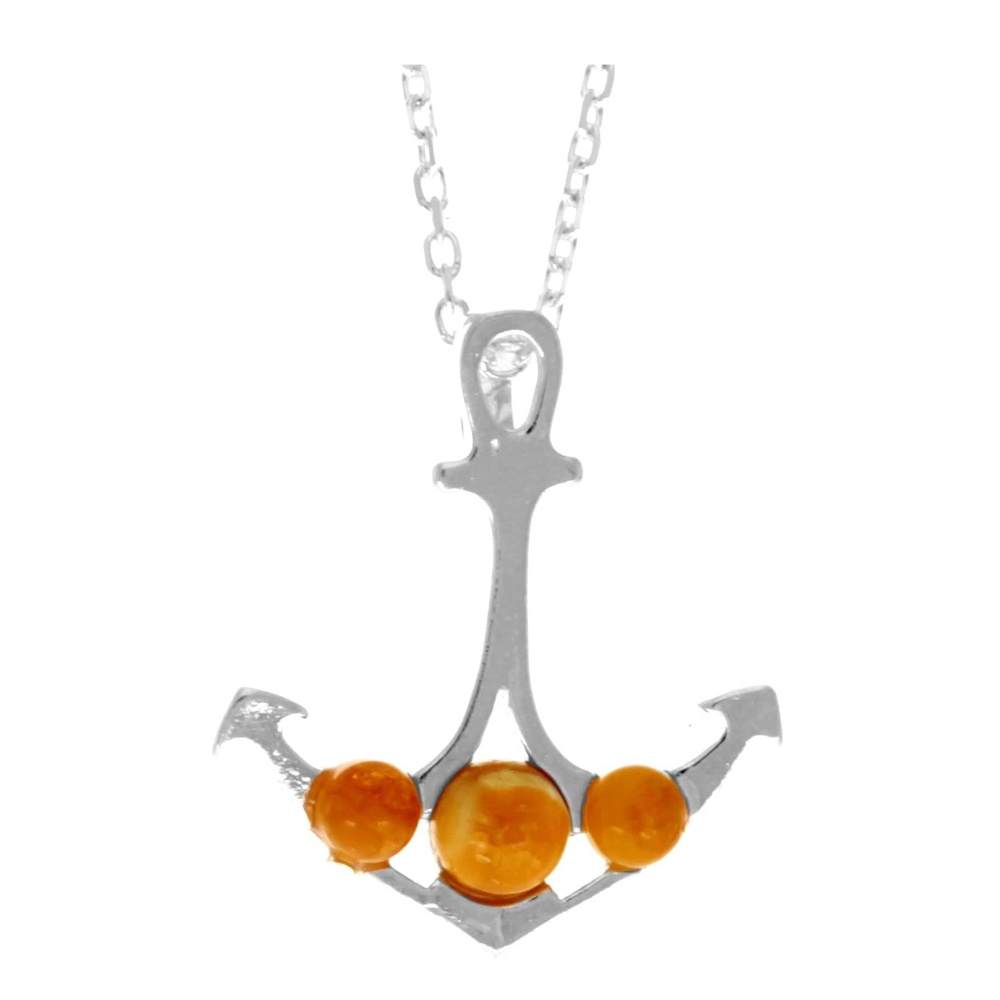 925 Sterling Silver & Genuine Baltic Amber Classic Anchor Pendant -669