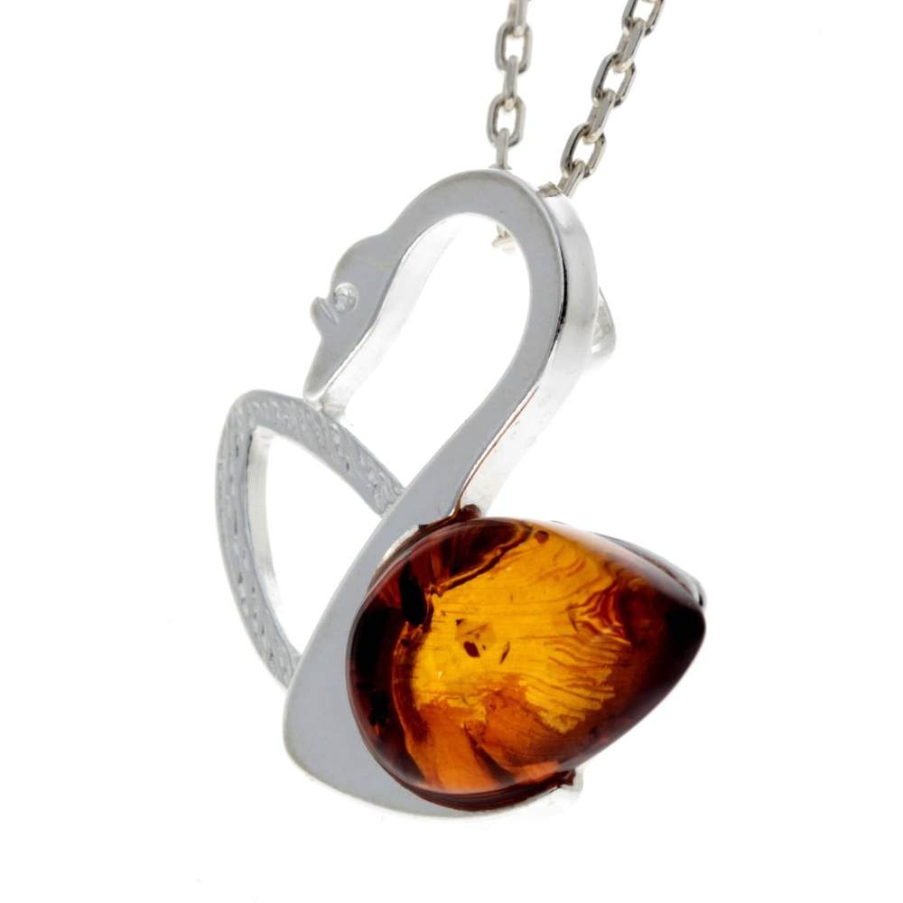 925 Sterling Silver & Genuine Teardrop Baltic Amber Swan Pendant - 672