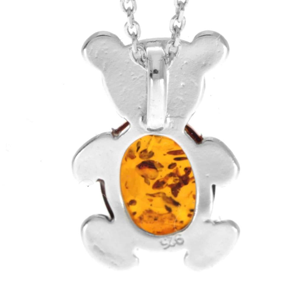 925 Sterling Silver & Genuine Baltic Amber Teddy Bear Pendant - 698