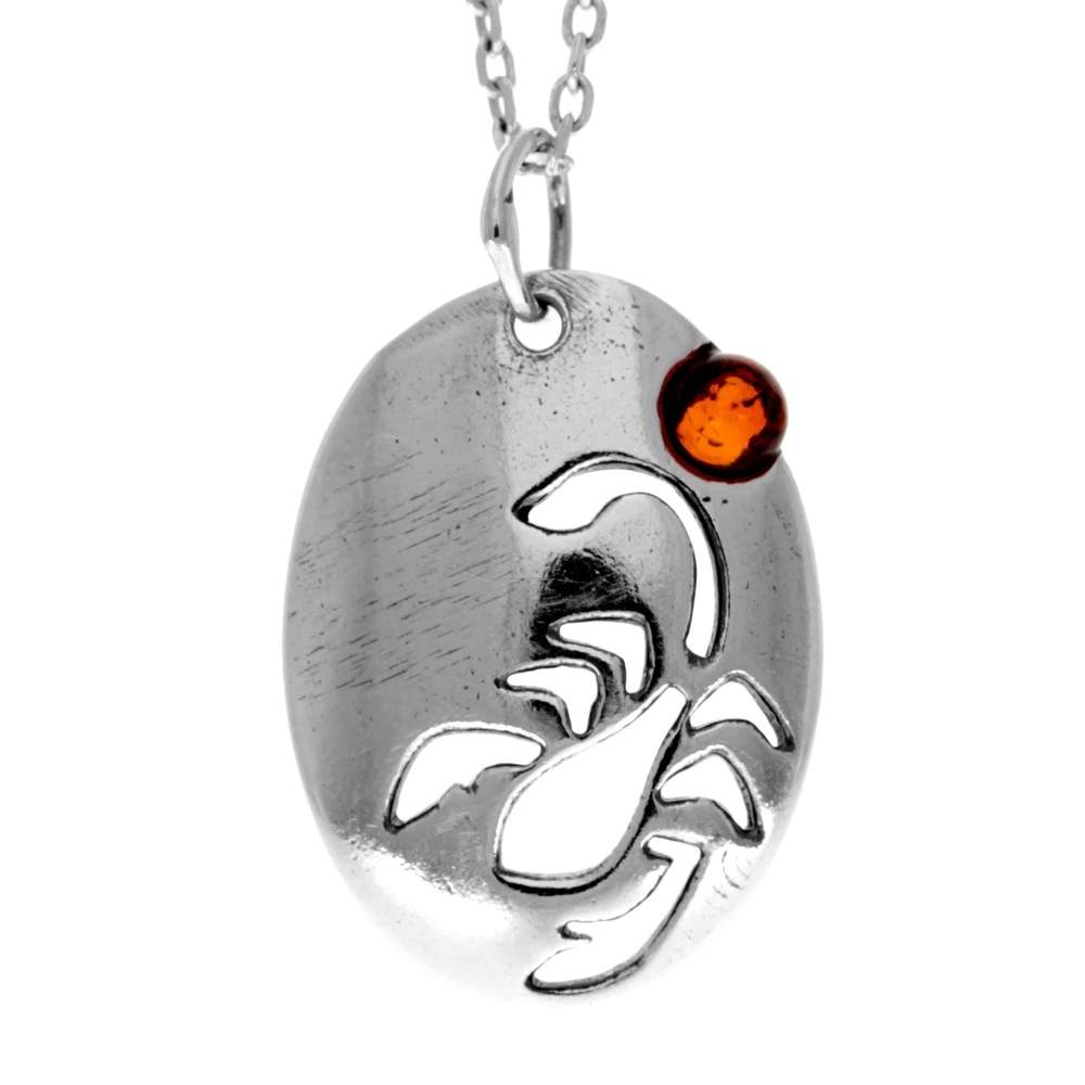 925 Sterling Silver & Genuine Baltic Amber Classic Zodiac Scorpio Pendant - 741