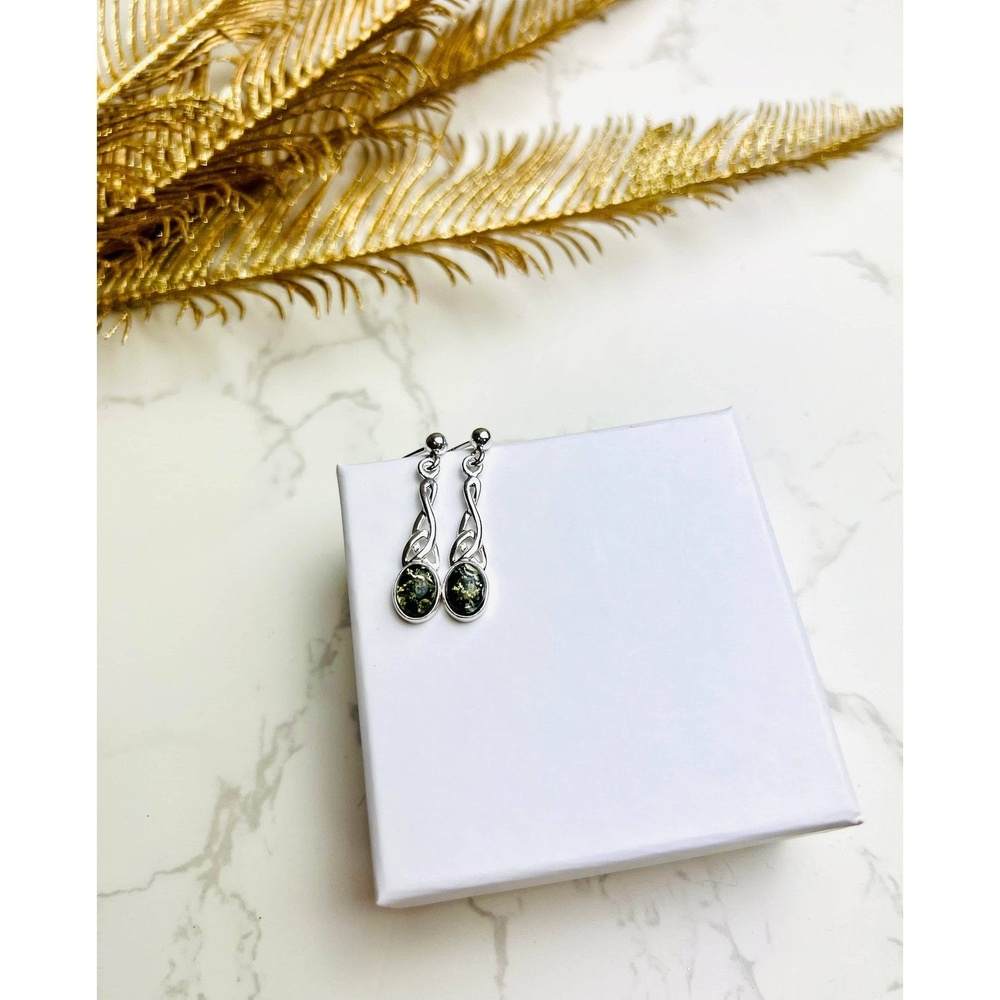 925 Sterling Silver & Baltic Amber Celtic Drop Earrings - 8007