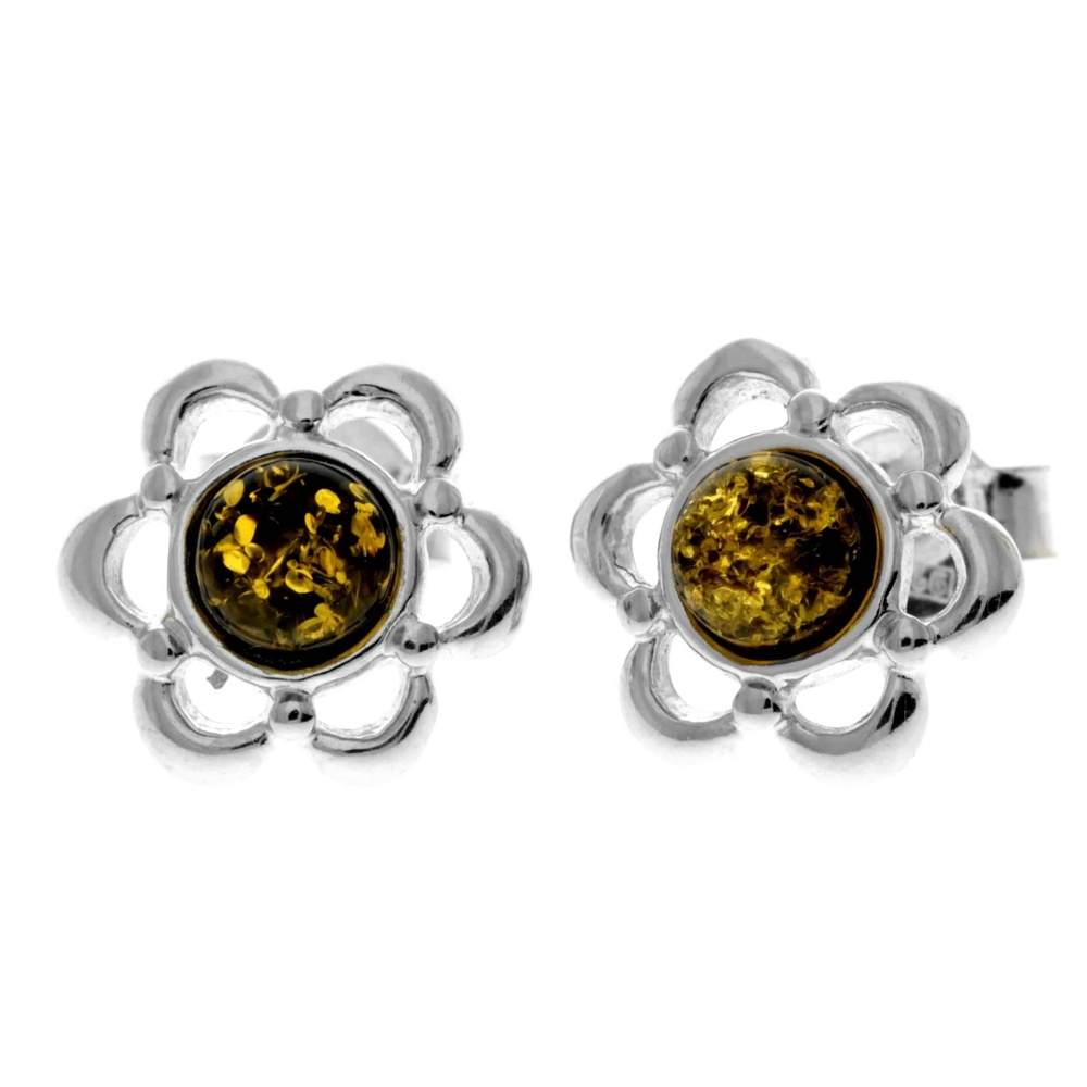 925 Sterling Silver & Genuine Baltic Amber Classic Flowers Studs Earrings - 8013