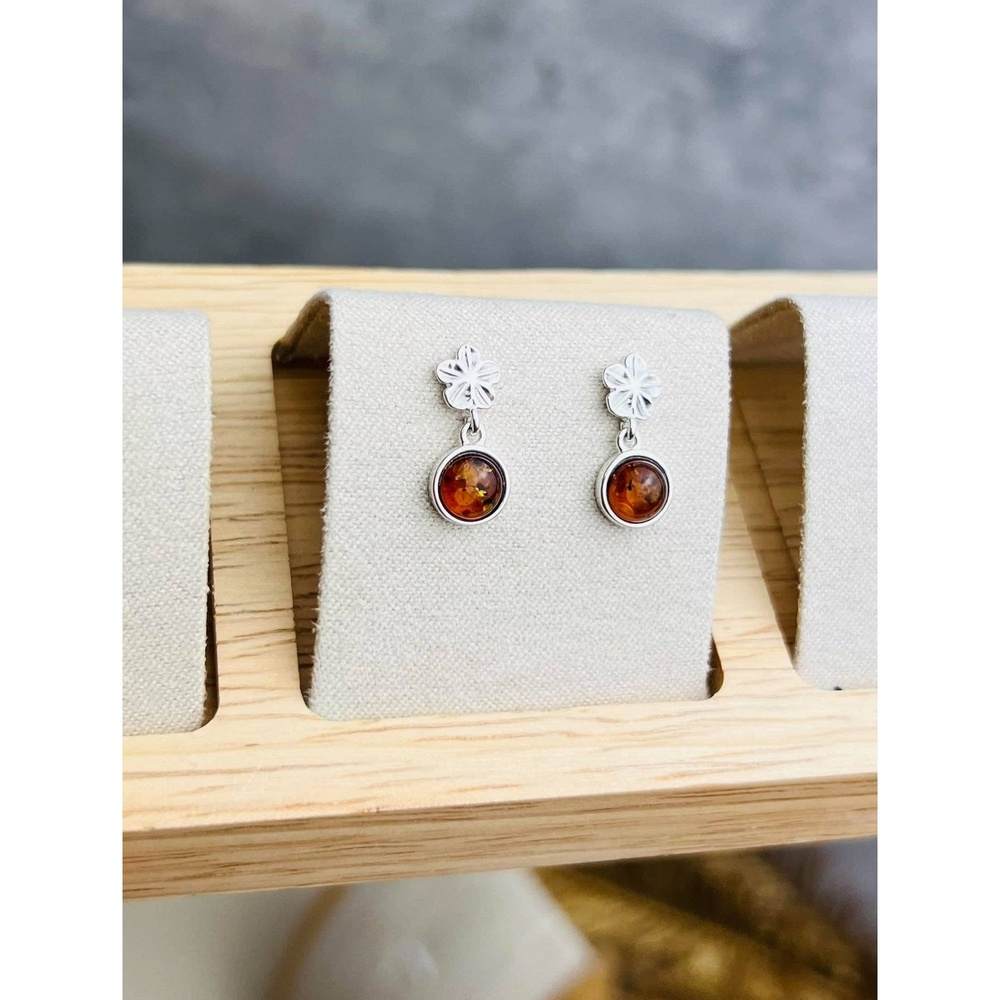 925 Sterling Silver & Genuine Baltic Amber Flower Studs Dangling Earrings - 8506