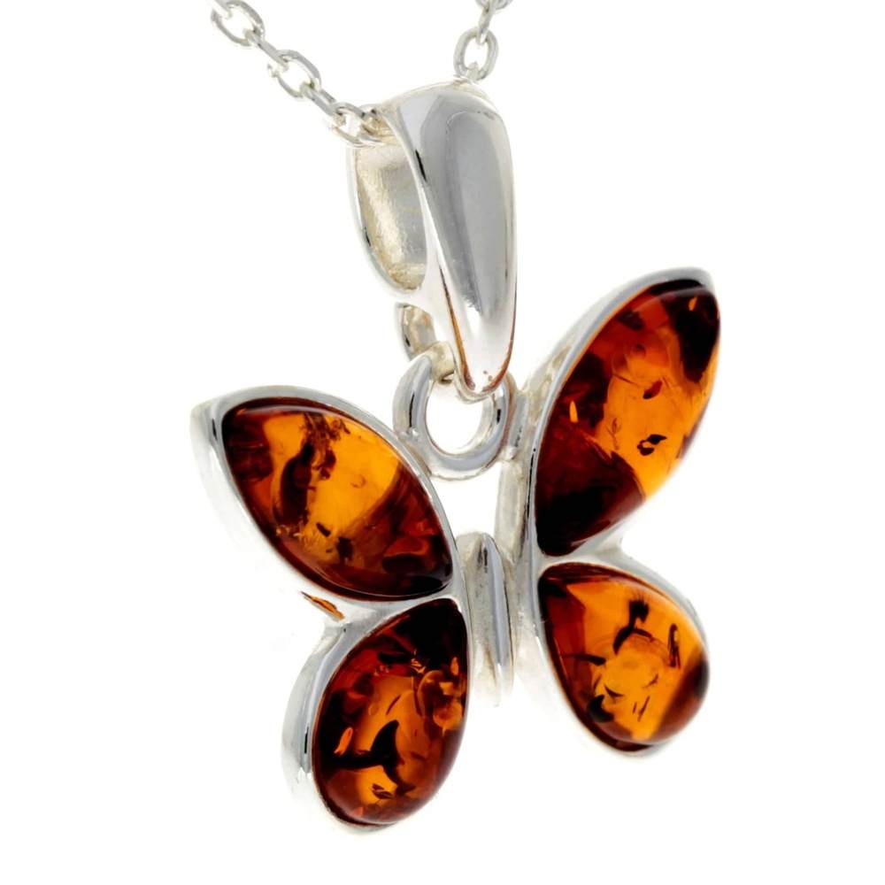 925 Sterling Silver & Genuine Baltic Amber Classic Butterfly Pendant - AA228