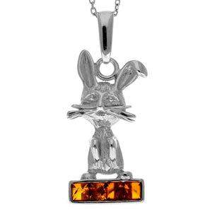 925 Sterling Silver & Genuine Baltic Amber Classic Modern Rabbit Pendant - AA243