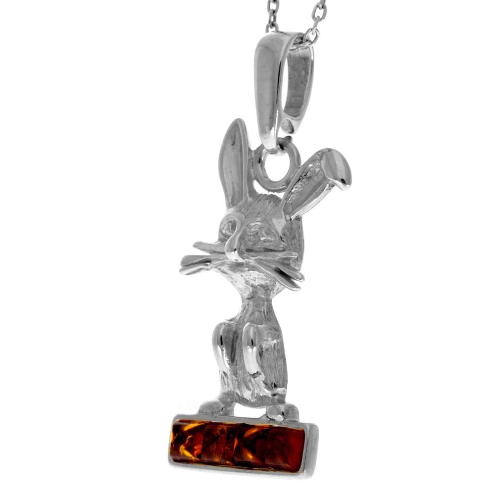 925 Sterling Silver & Genuine Baltic Amber Classic Modern Rabbit Pendant - AA243