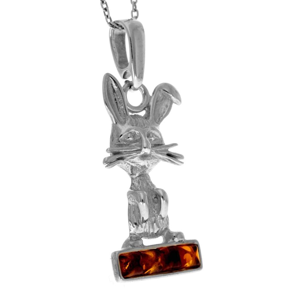 925 Sterling Silver & Genuine Baltic Amber Classic Modern Rabbit Pendant - AA243