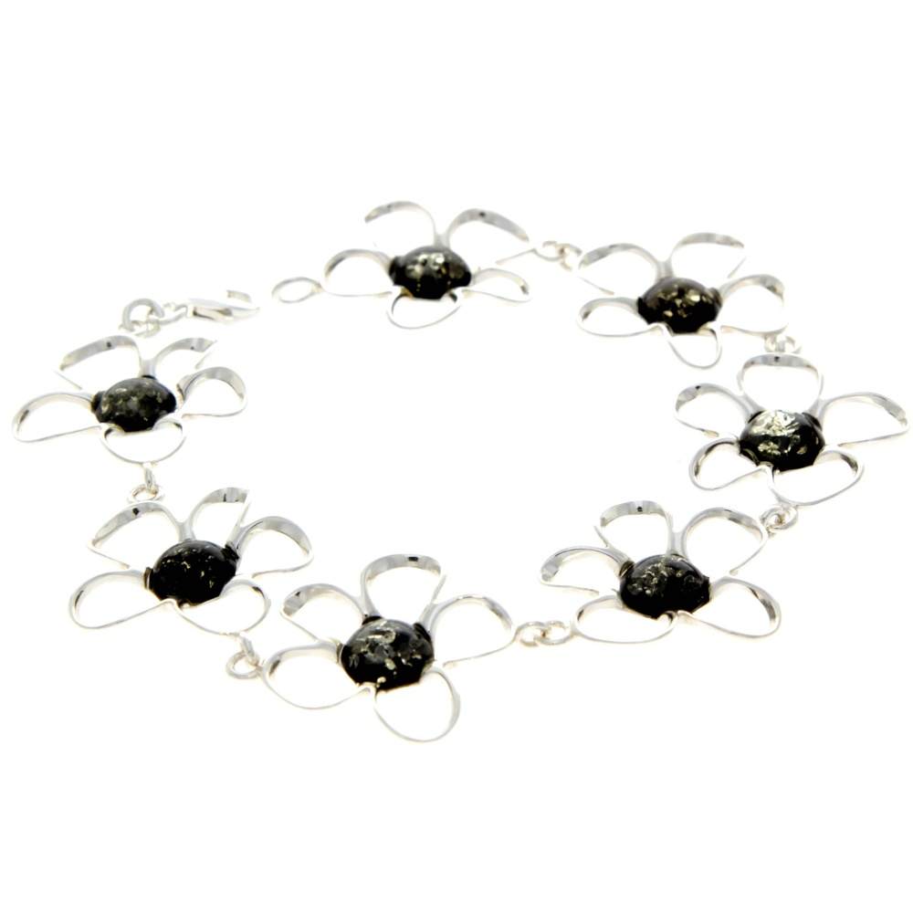 925 Sterling Silver & Genuine Baltic Amber Exclusive Flowers Link Bracelet - AA505