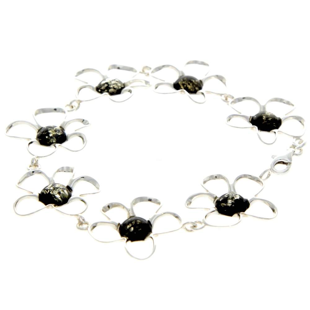 925 Sterling Silver & Genuine Baltic Amber Exclusive Flowers Link Bracelet - AA505