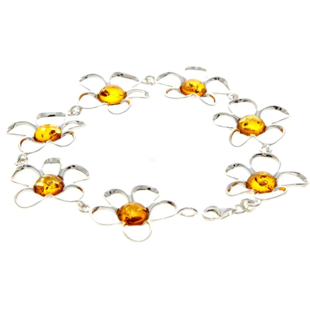 925 Sterling Silver & Genuine Baltic Amber Exclusive Flowers Link Bracelet - AA505