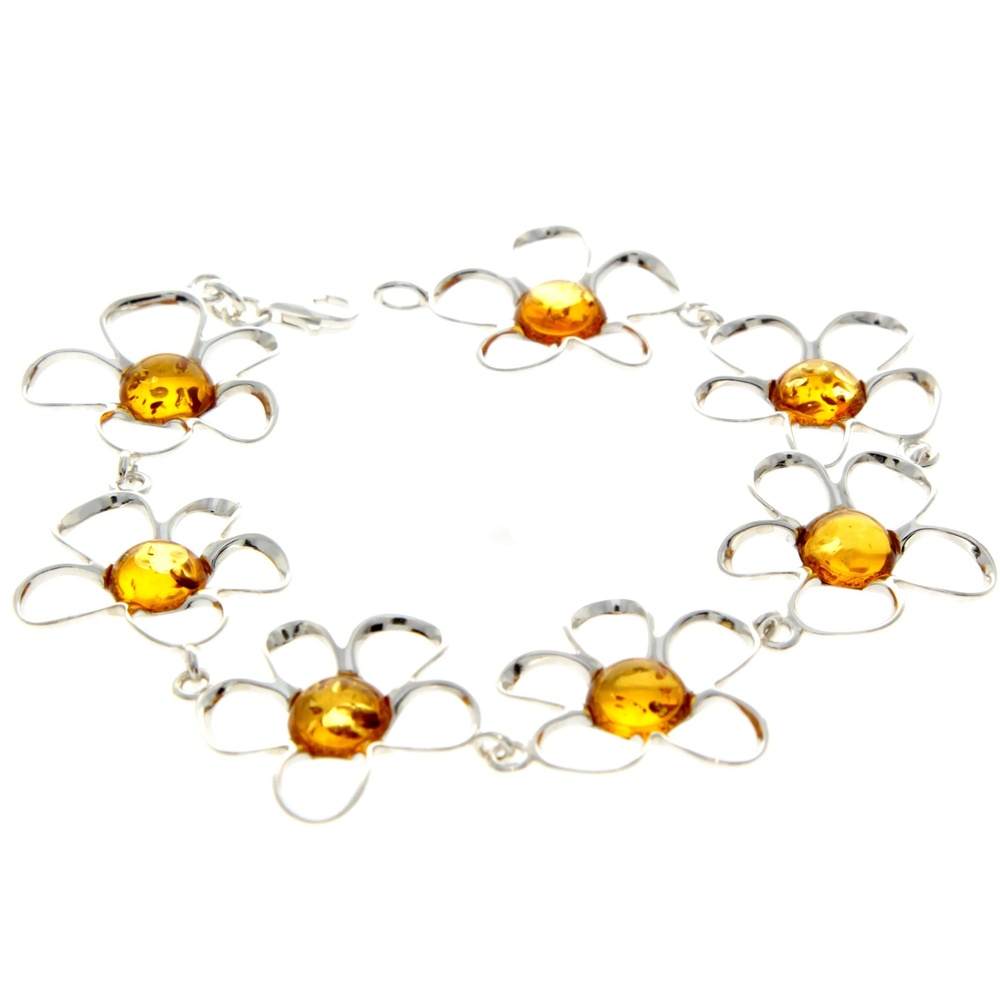 925 Sterling Silver & Genuine Baltic Amber Exclusive Flowers Link Bracelet - AA505