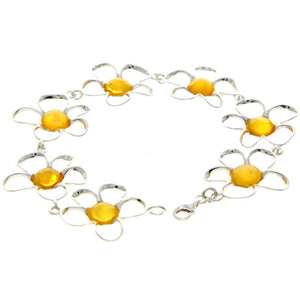 925 Sterling Silver & Genuine Baltic Amber Exclusive Flowers Link Bracelet - AA505