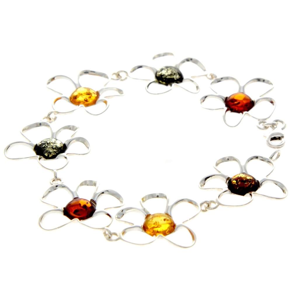 925 Sterling Silver & Genuine Baltic Amber Exclusive Flowers Link Bracelet - AA505
