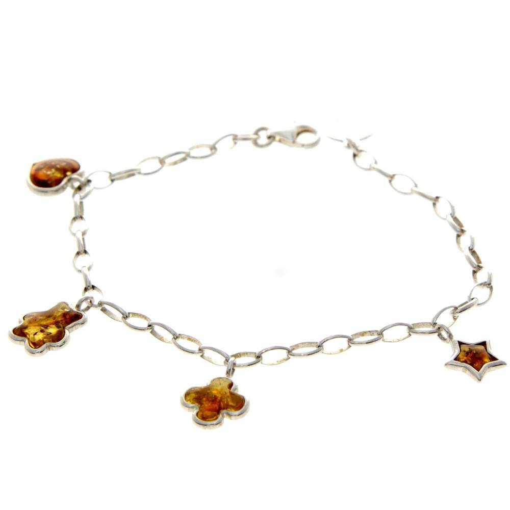925 Sterling Silver & Genuine Baltic Amber Chain Charms Link Bracelet - AA506