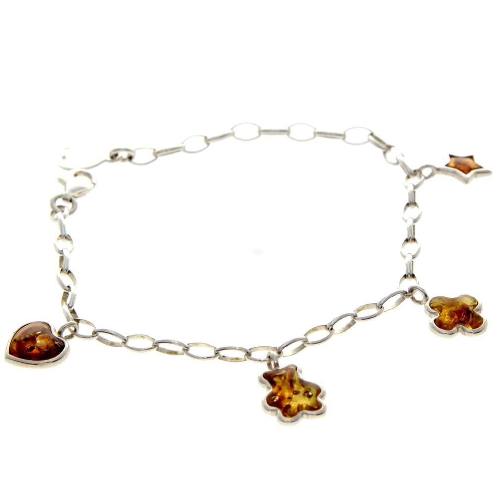 925 Sterling Silver & Genuine Baltic Amber Chain Charms Link Bracelet - AA506