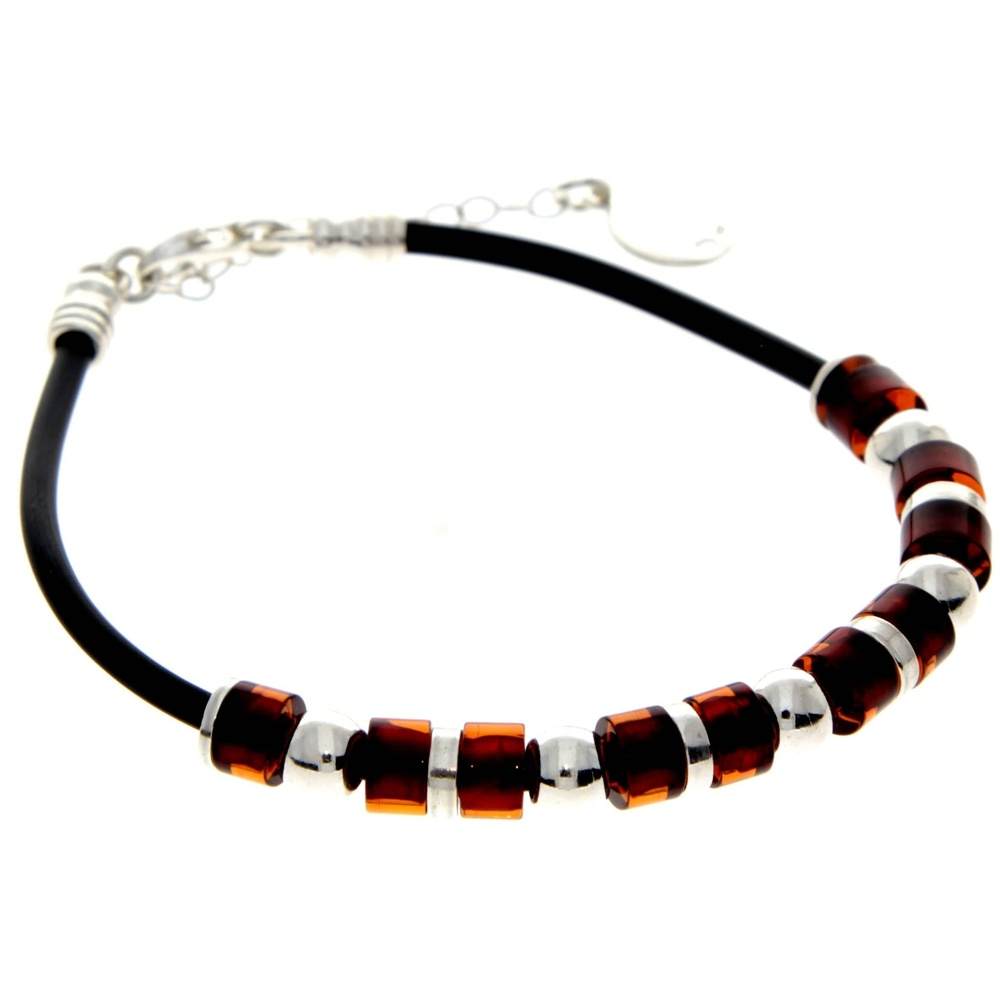 925 Sterling Silver & Genuine Baltic Amber Leather Rope Exclusive Bracelet - AA509