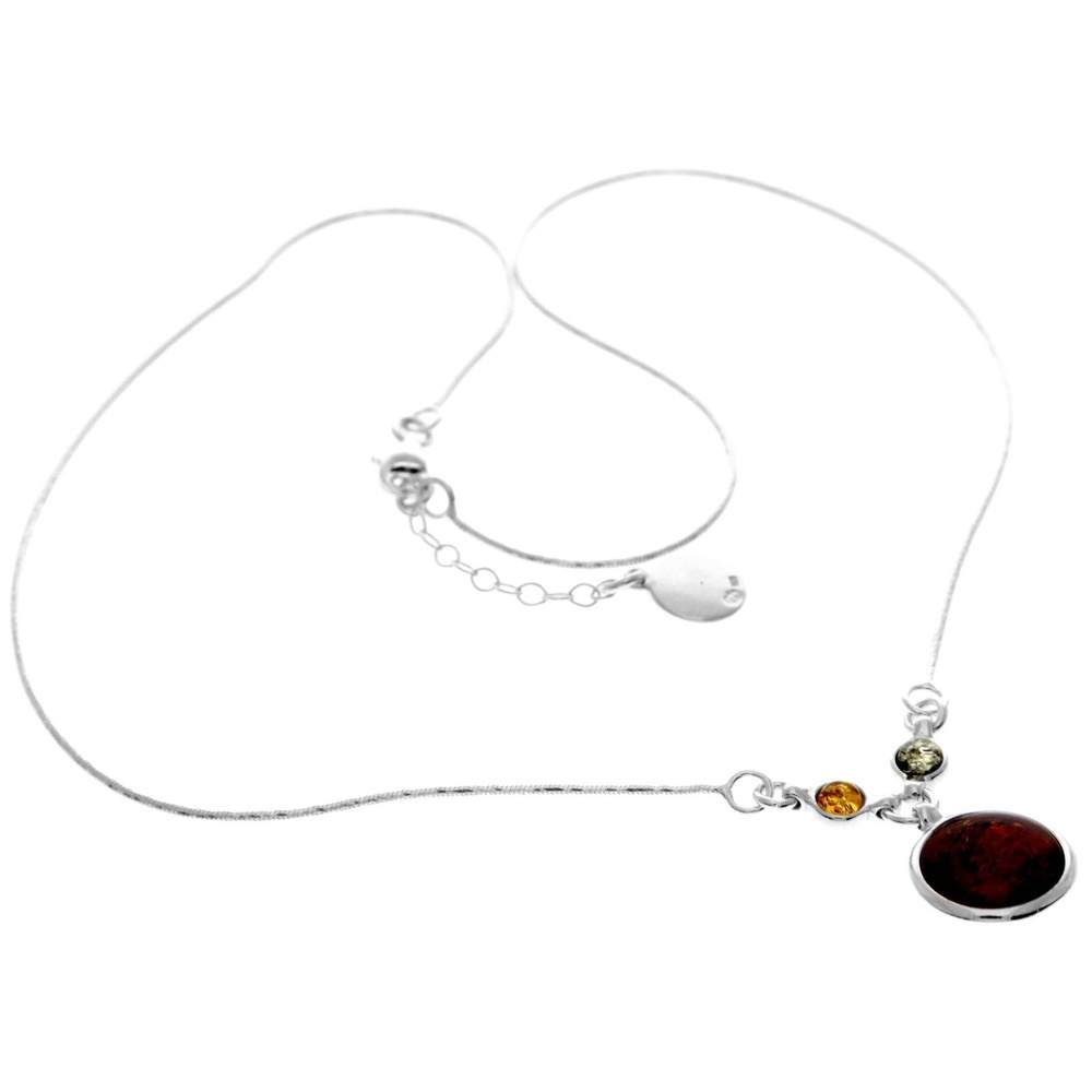 925 Sterling Silver & Genuine Baltic Amber Multi Stones Round Classic Exclusive Necklace - AA902
