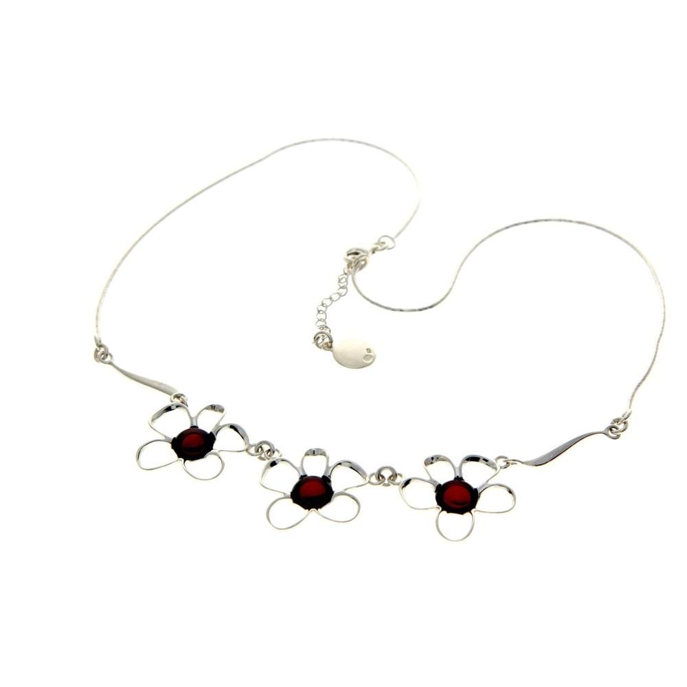 925 Sterling Silver & Genuine Baltic Amber Multi Stones Flowers Modern Exclusive Necklace - AA906