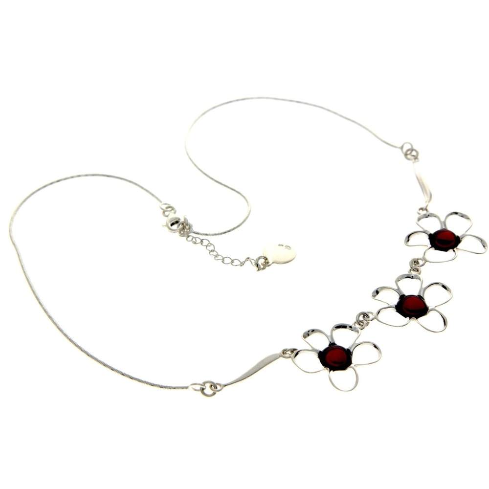 925 Sterling Silver & Genuine Baltic Amber Multi Stones Flowers Modern Exclusive Necklace - AA906