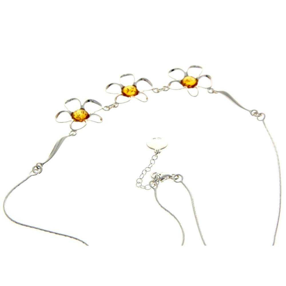 925 Sterling Silver & Genuine Baltic Amber Multi Stones Flowers Modern Exclusive Necklace - AA906