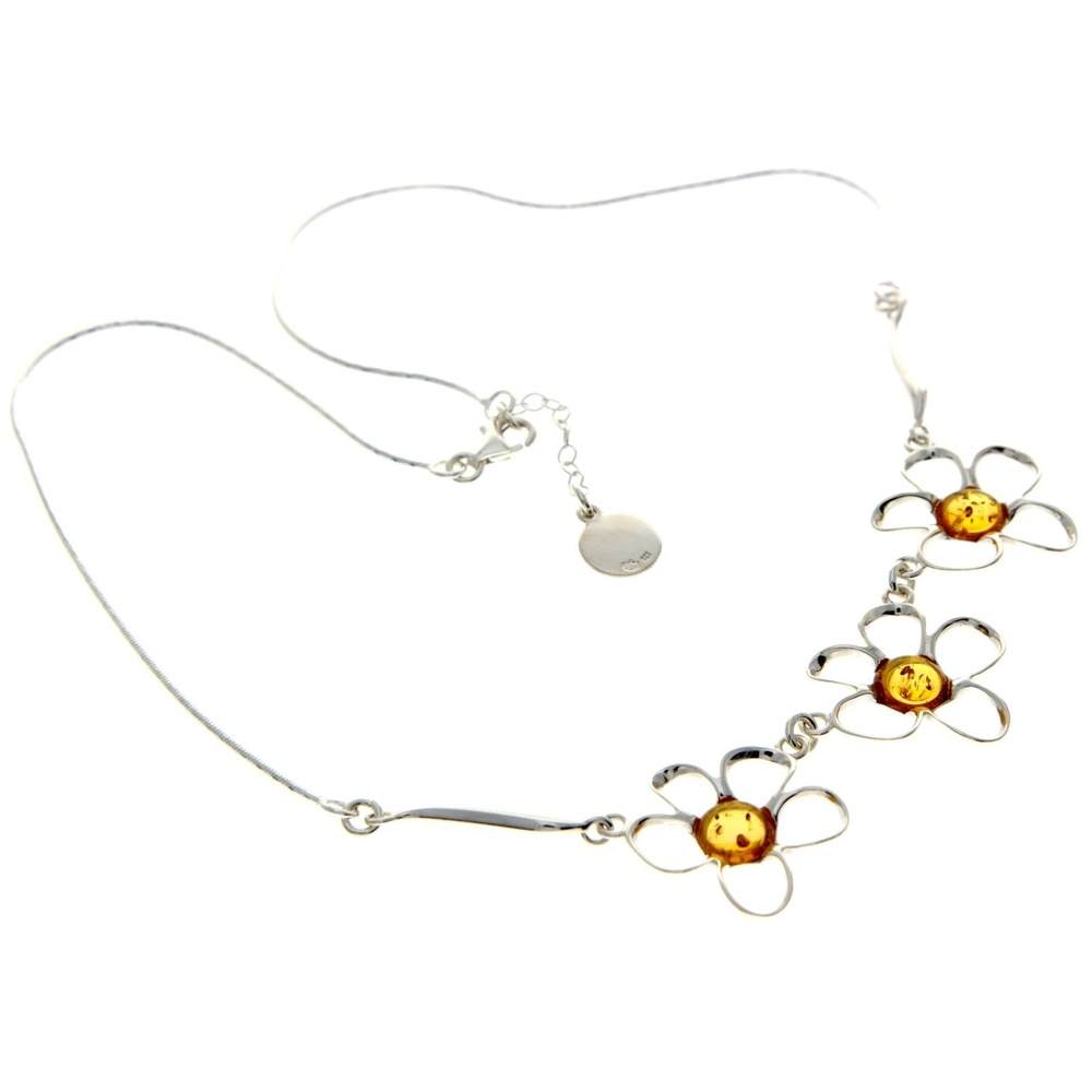 925 Sterling Silver & Genuine Baltic Amber Multi Stones Flowers Modern Exclusive Necklace - AA906