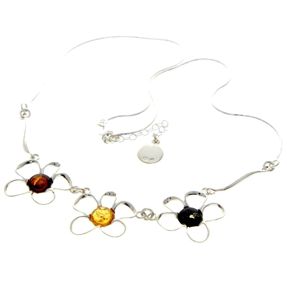 925 Sterling Silver & Genuine Baltic Amber Multi Stones Flowers Modern Exclusive Necklace - AA906