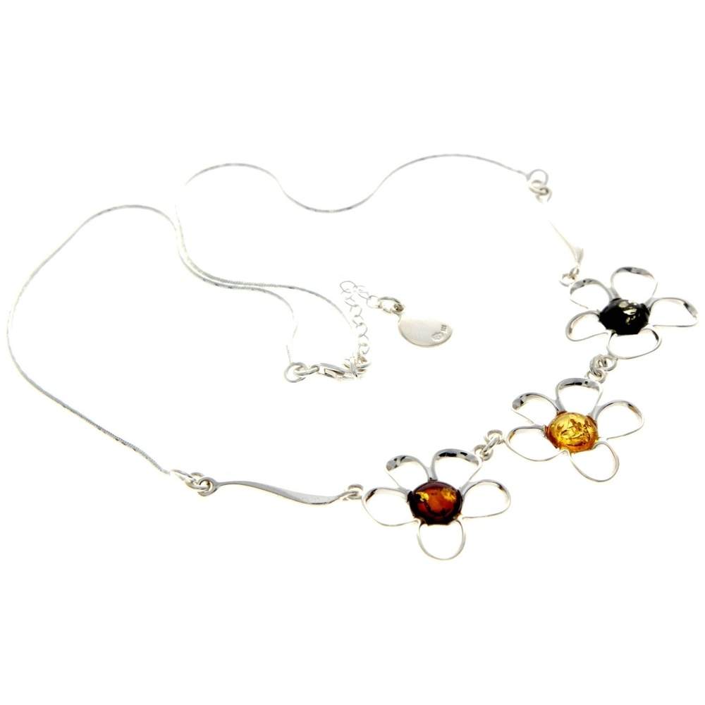 925 Sterling Silver & Genuine Baltic Amber Multi Stones Flowers Modern Exclusive Necklace - AA906
