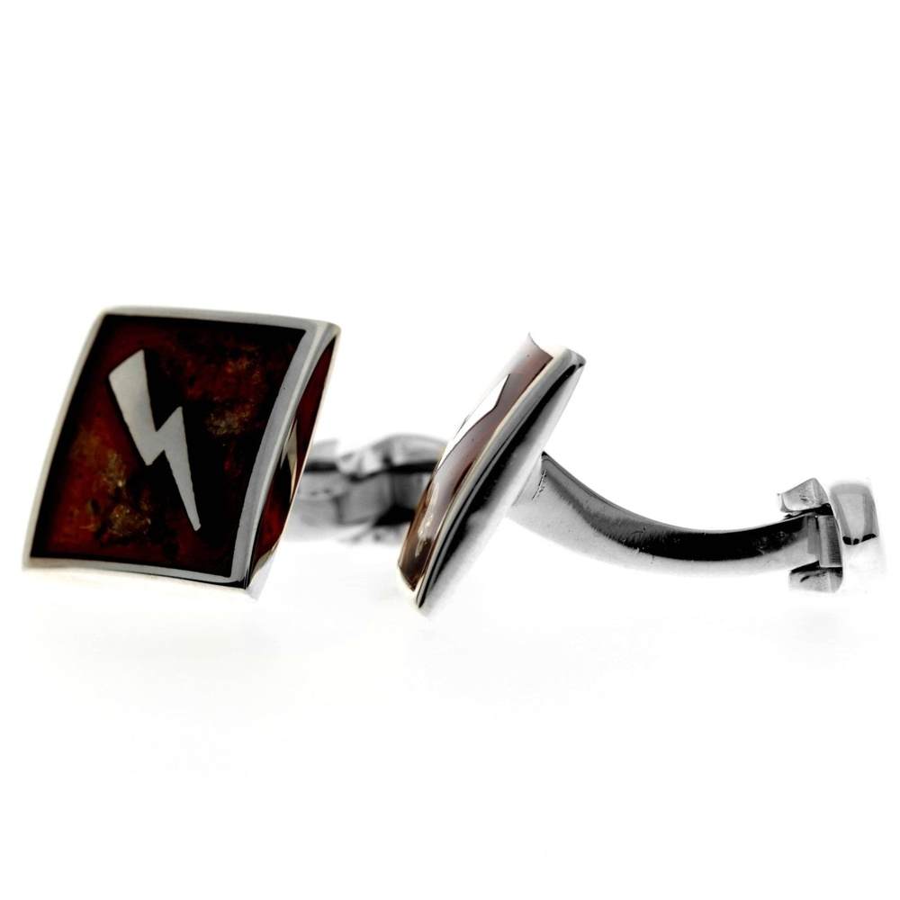 925 Sterling Silver & Genuine Baltic Amber Exclusive Thunder Lightning Cufflinks - AAC008