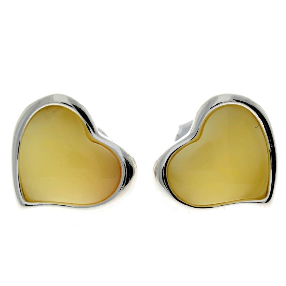 925 Sterling Silver & Baltic Amber Classic Heart Engraved Heart Studs Earrings - AC004