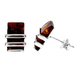 Sterling Silver & Genuine Baltic Amber Rectangular Studs Earrings - AC009