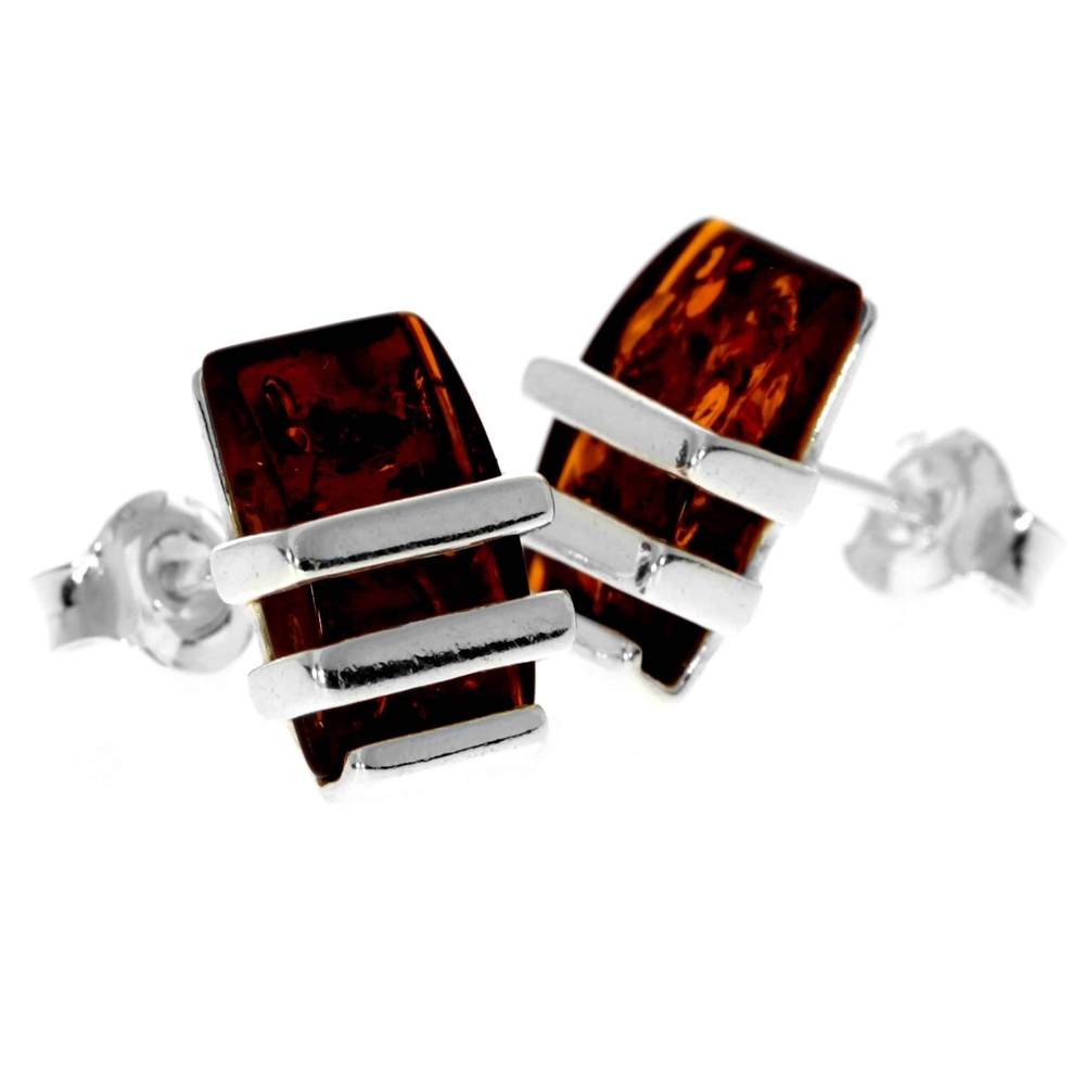 Sterling Silver & Genuine Baltic Amber Rectangular Studs Earrings - AC009