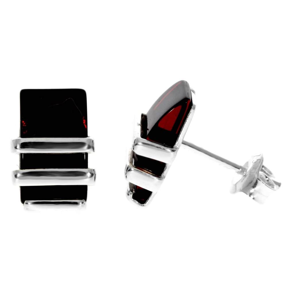 Sterling Silver & Genuine Baltic Amber Rectangular Studs Earrings - AC009