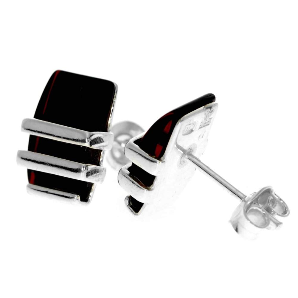 Sterling Silver & Genuine Baltic Amber Rectangular Studs Earrings - AC009