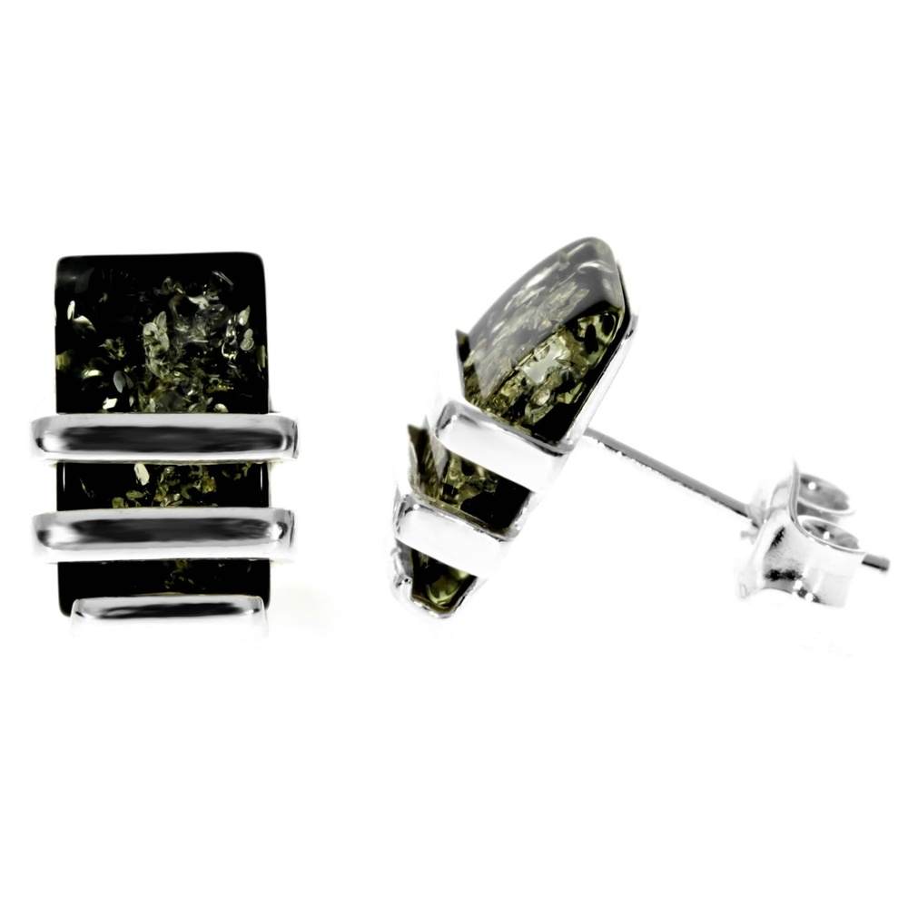 Sterling Silver & Genuine Baltic Amber Rectangular Studs Earrings - AC009