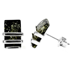 Sterling Silver & Genuine Baltic Amber Rectangular Studs Earrings - AC009