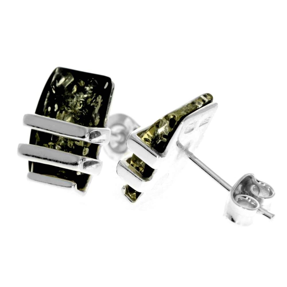 Sterling Silver & Genuine Baltic Amber Rectangular Studs Earrings - AC009