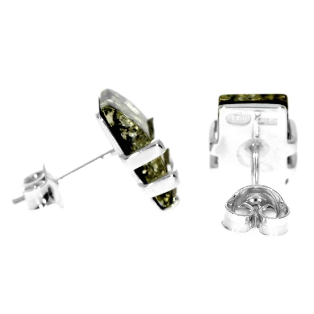Sterling Silver & Genuine Baltic Amber Rectangular Studs Earrings - AC009