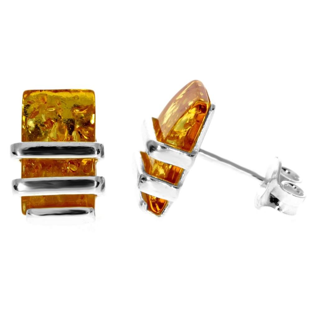 Sterling Silver & Genuine Baltic Amber Rectangular Studs Earrings - AC009