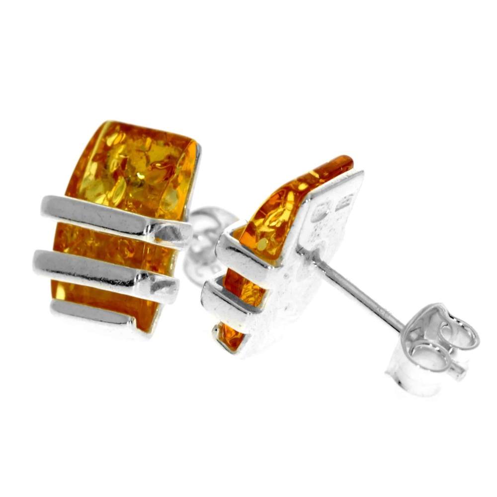 Sterling Silver & Genuine Baltic Amber Rectangular Studs Earrings - AC009