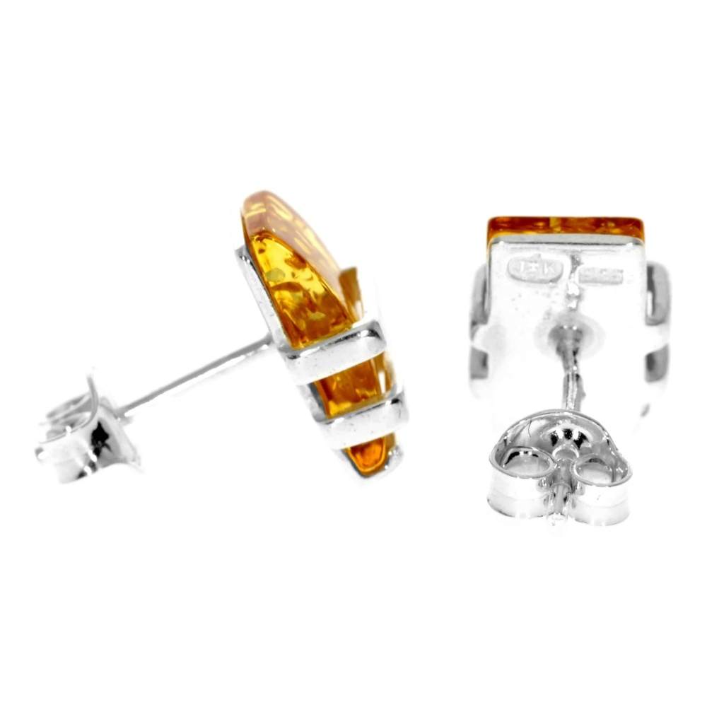 Sterling Silver & Genuine Baltic Amber Rectangular Studs Earrings - AC009
